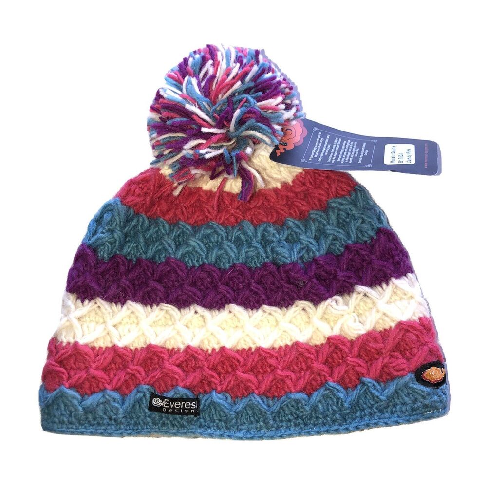 Everest Designs Malaki Beanie Wool Candy Pink NWT Striped Adult Size Pompom